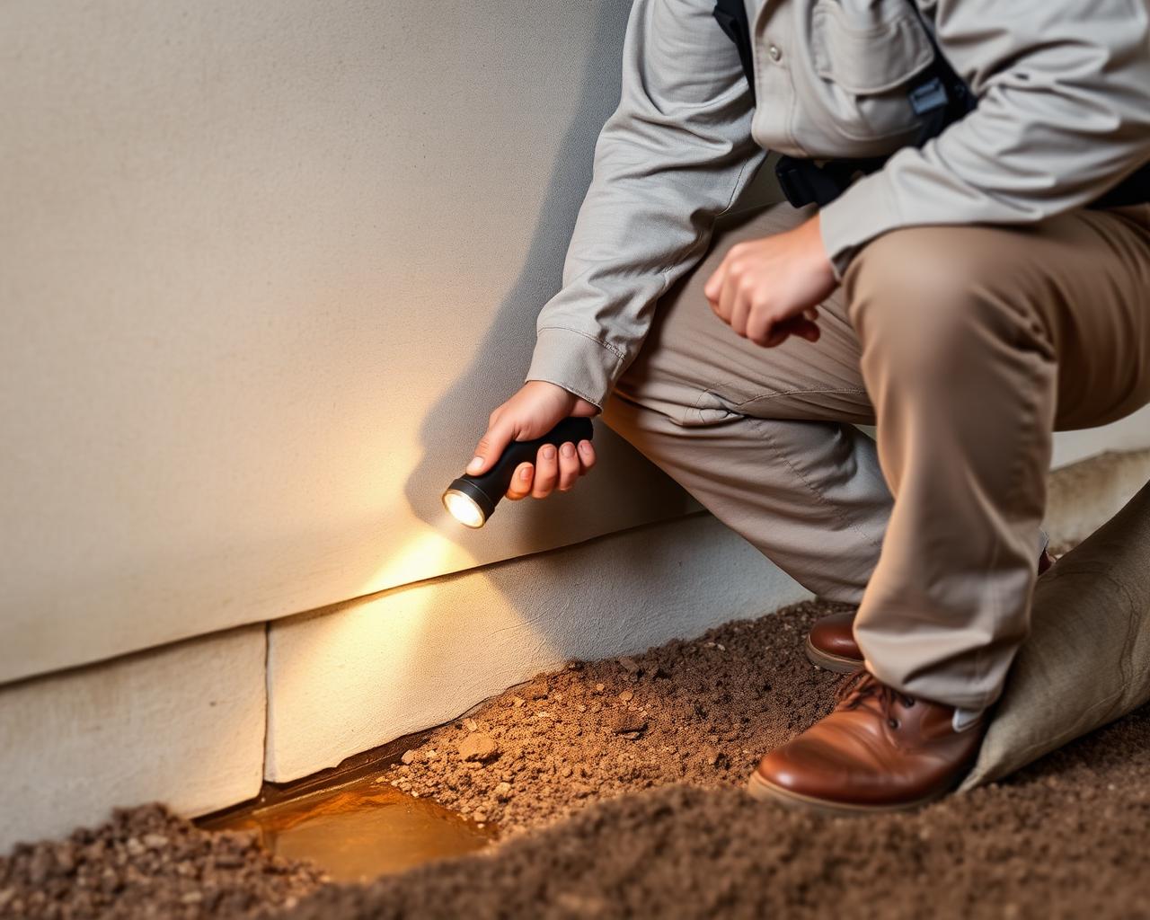 A service professional inspecting the base of a residential basement wall with a flashlight